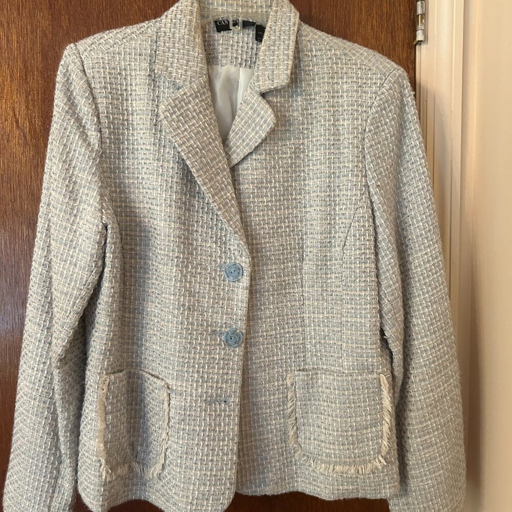 Gray Fringe Blazer – Textured Lightweight Open Front Statement Jacket Size 10